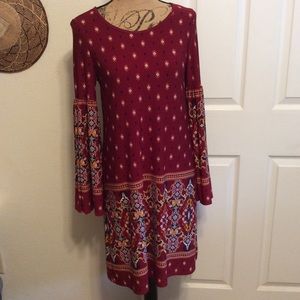 Entro Bohemian festival Fall dark red bell sleeve scoop neck peasant dress S